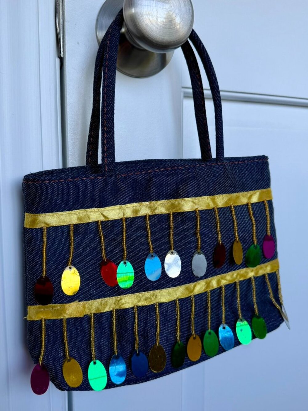Denim Mini Handbag, Gold Ribbon with Colorful, Sparkly Foil Paillettes – Zip Top